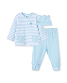 Baby Boys and Girls Bear Stripe Cardigan T-shirt, Pant and Cap Set, 3 Piece
