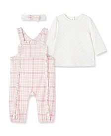 Baby Girls Plaid Overall Top, Romper and Bow Headband Set, 3 Piece