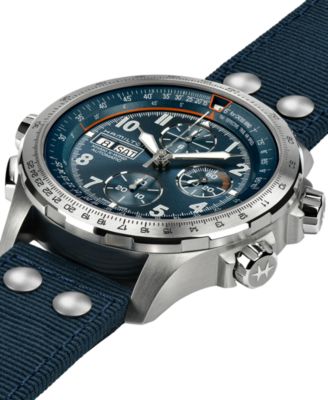 Men's Swiss Automatic Chronograph Khaki Aviation X-Wind Blue Textile Strap Watch 45mm