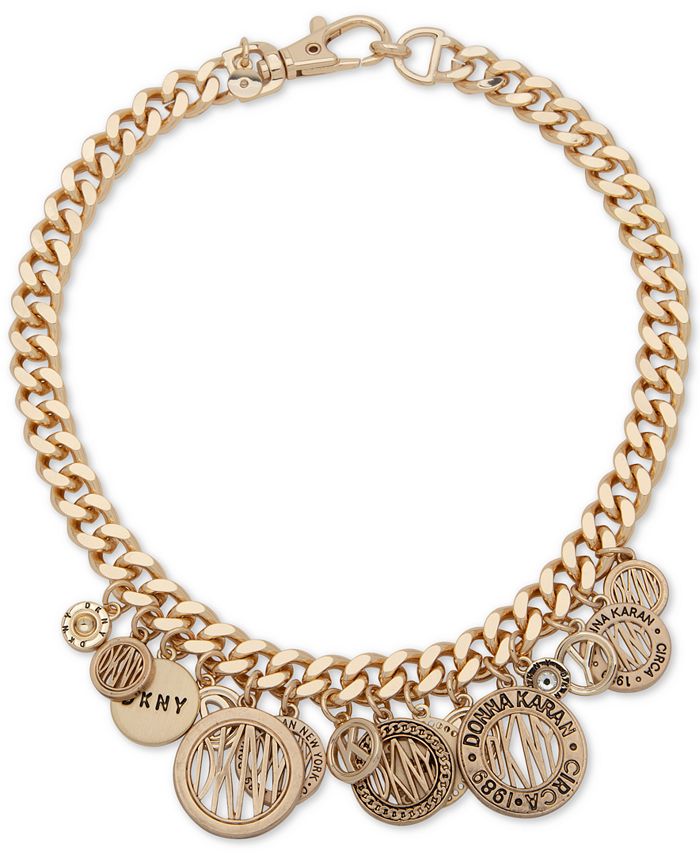DKNY Gold-Tone Crystal & Logo Long Charm Necklace, 36