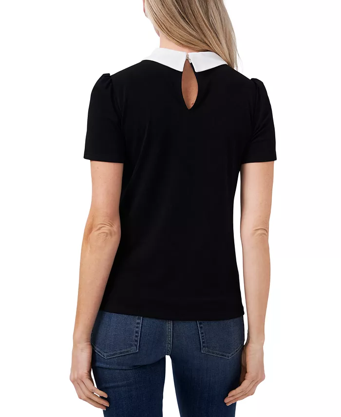 Women's Short Sleeve Collared Bow Neck Knit Top - thumbnail 2