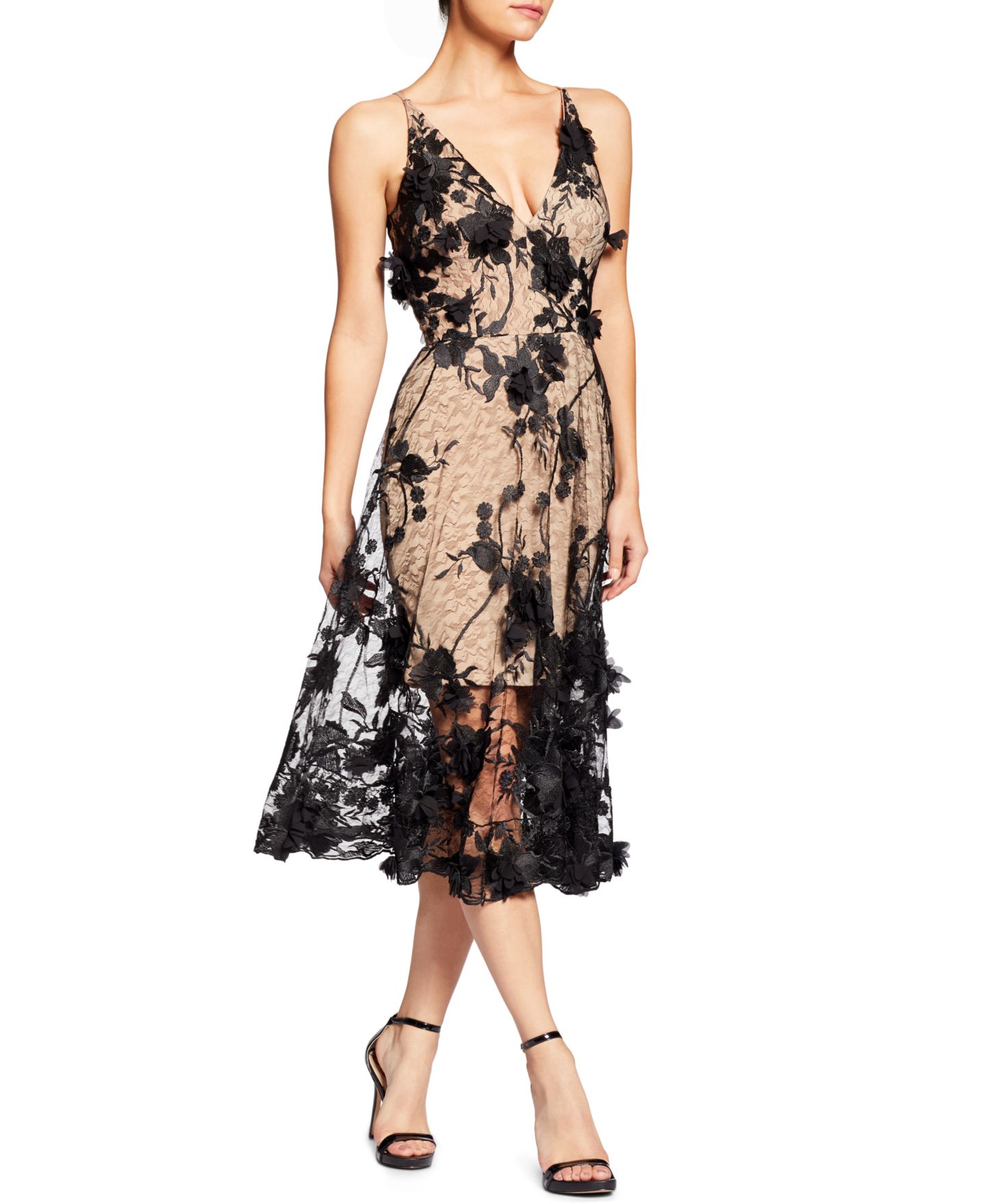 Женское платье Dress the Population Audrey Floral Applique Lace Mini, цвет: Чёрный телесный — фото 3