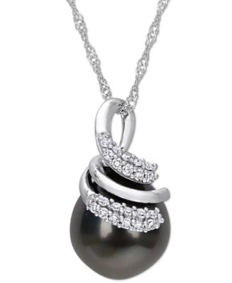 Macy's - Cultured Tahitian Pearl (9mm) & Diamond (1/10 ct. t.w.) Swirl 17" Pendant Necklace in 14k White Gold