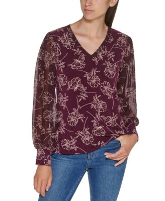 Calvin Klein - Floral-Print Chiffon-Sleeve Top