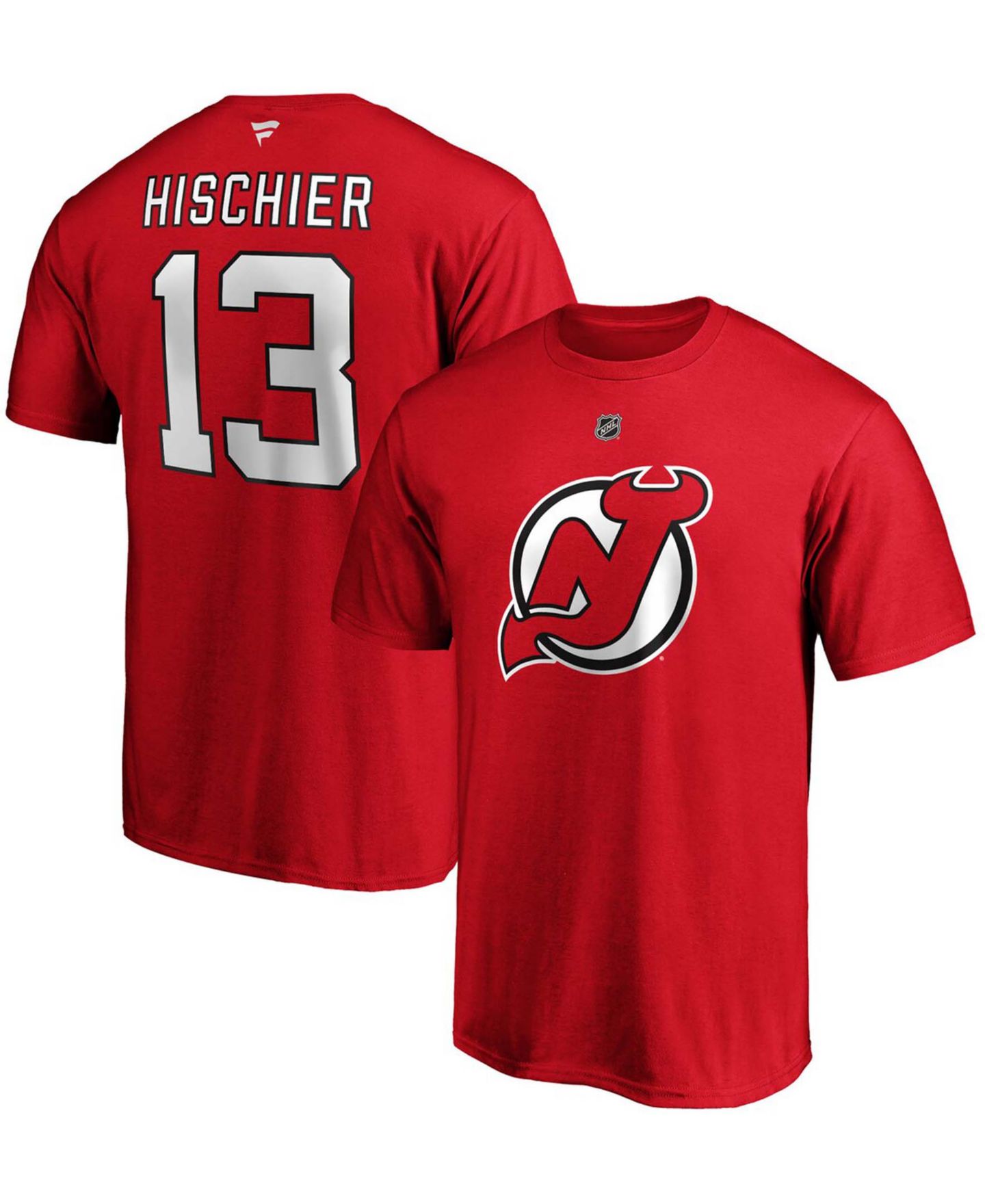 Мужская футболка Fanatics Nico Hischier Red New Jersey Devils Team Authentic Stack Name and Number — фото 1