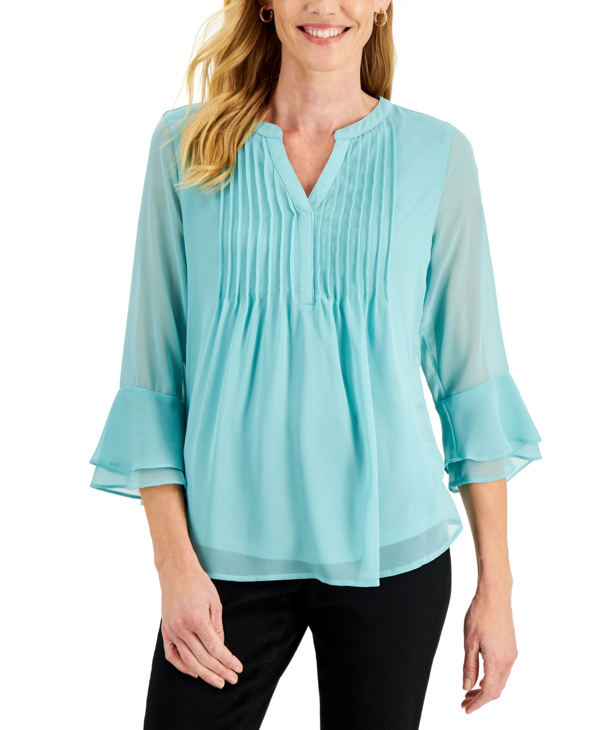 Charter Club Double Ruffle Solid Pintuck Top, Created for Macy's - Porcelain Green