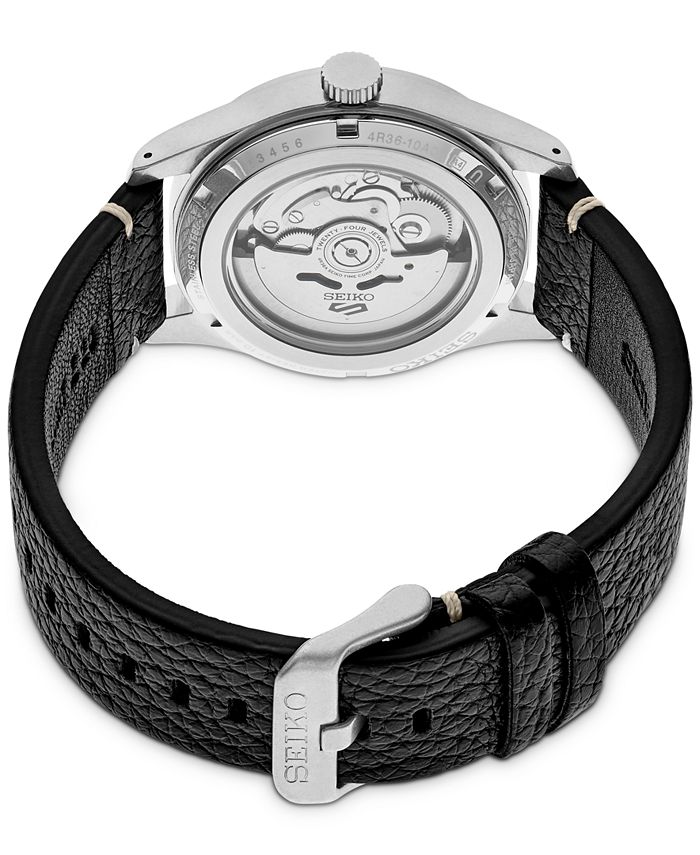 Seiko - Men's Automatic 5 Sports Black Leather Strap Watch 43mm