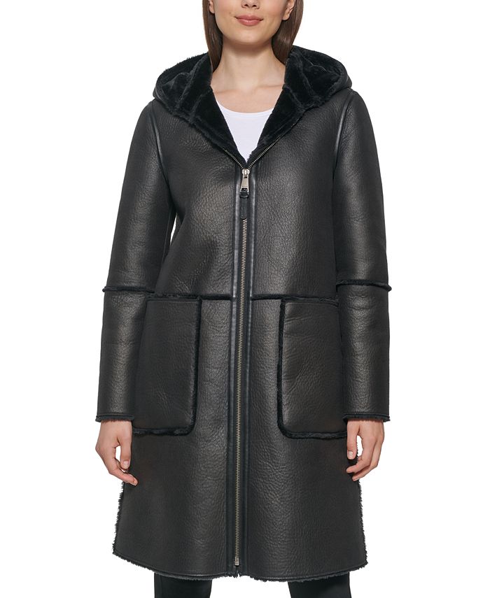 DKNY Hooded Faux-Shearling Coat - Macy's