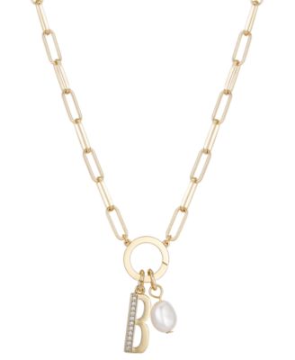Photo 1 of Cubic Zirconia Initial & Freshwater Pearl 18" Pendant Necklace in Gold Plate