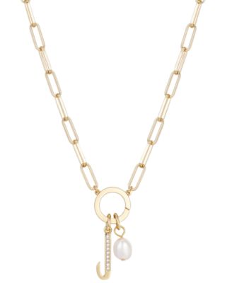 Photo 1 of Cubic Zirconia Initial J & Freshwater Pearl 18" Pendant Necklace in Gold Plate