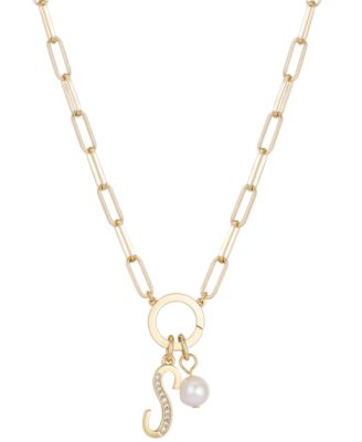 Photo 1 of UNWRITTEN Cubic Zirconia Initial & Freshwater Pearl 18" Pendant Necklace in Gold Plate
Freshwater pearl: 6mm
Set in fine silver plate or 14k gold flash-plated metal; cubic zirconia
Approx. length: 18"; approx. drop: 3/4"
Spring ring closure