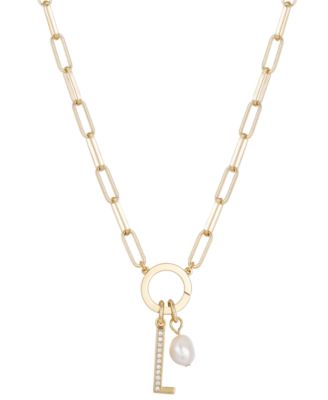 Photo 1 of UNWRITTEN Cubic Zirconia Initial & Freshwater Pearl 18" Pendant Necklace in Gold Plate
Freshwater pearl: 6mm
Set in fine silver plate or 14k gold flash-plated metal; cubic zirconia
Approx. length: 18"; approx. drop: 3/4"
Spring ring closure