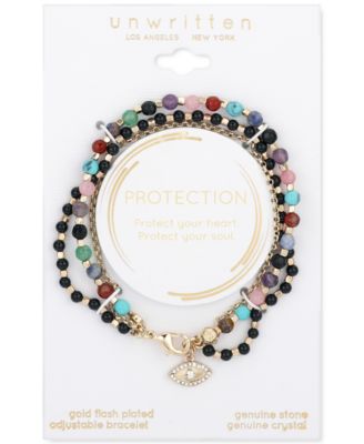 Triple Strand Multi-Bead Link Evil-Eye Charm in Gold-Tone Silver Plated