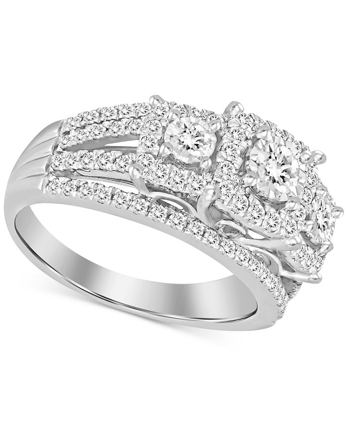 Macy's Diamond Three Stone Halo Multirow Ring (1 ct. t.w.) in 10k White ...