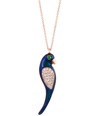 EFFY Collection - Diamond (1/4 ct. t.w.), Tsavorite Accent & Blue Enamel Parrot 18" Pendant Necklace in 14k Rose Gold