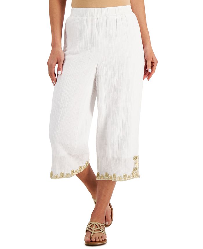 JM Collection Petite Cotton Gauze SoutacheTrim Capri Pants, Created