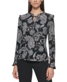 Paisley-Print Ruffled Tie-Neck Blouse