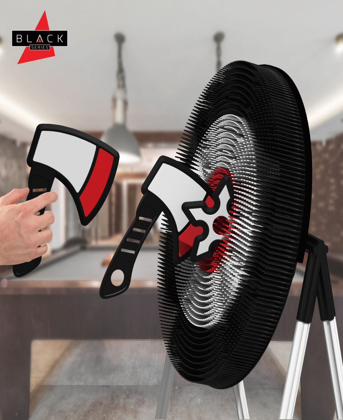 Black Series Axe Throwing Target Set-3 Plastic Axes, Indoor/outdoor In Black