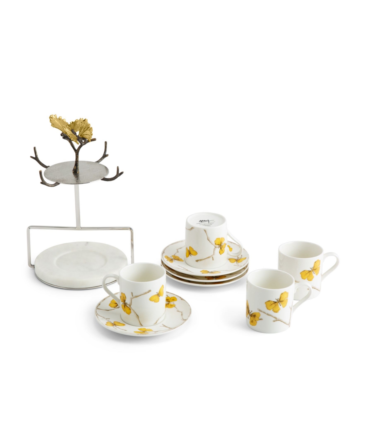 Butterfly Ginkgo 9 Piece Demitasse Cups and Stand Set - Gold- Tone