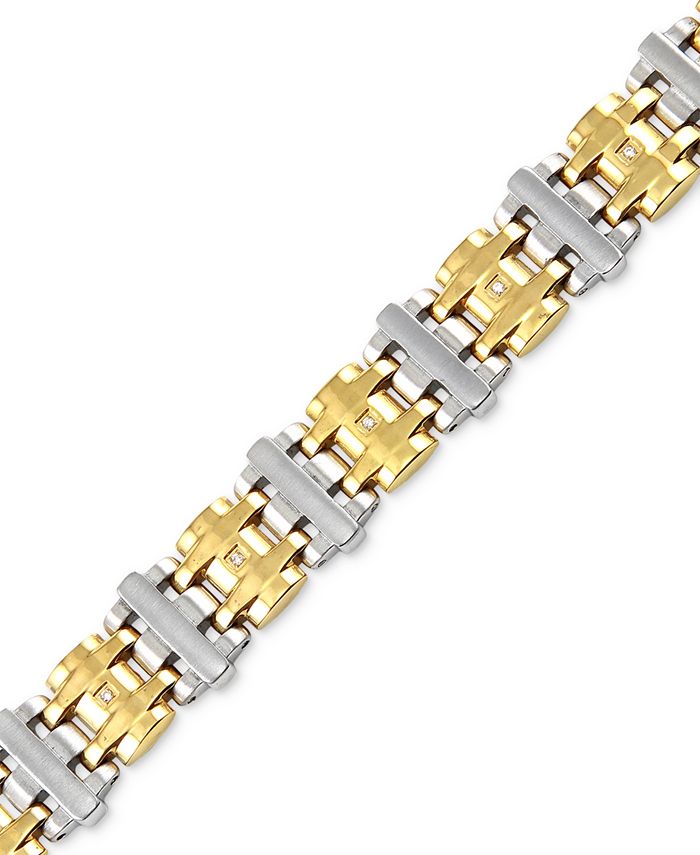 Macy's - Men's Diamond Two-Tone Link Bracelet (1/10 ct. t.w.) in Stainless Steel & Gold-Tone Ion-Plated Stainless Steel