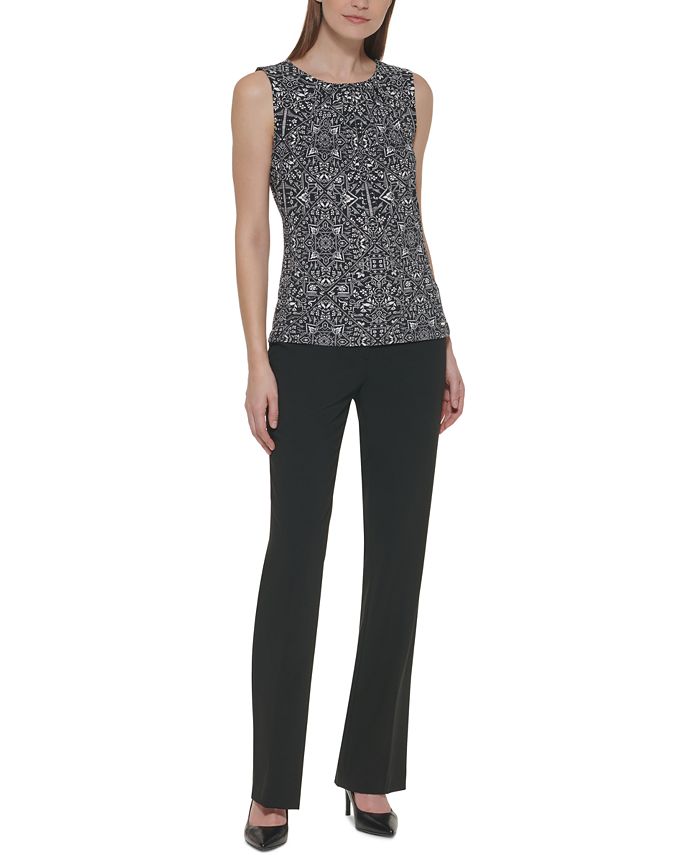 Calvin Klein Sleeveless Printed Pleat Neck Top - Macy's