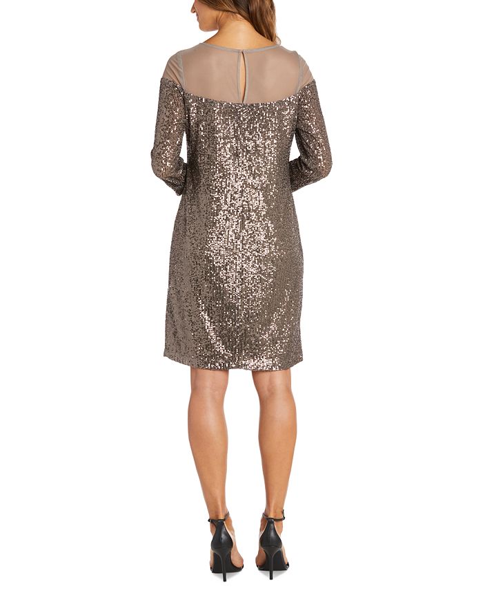 R&M Richards Women's Sequined Long Sleeve Jewel Neck Maxi Dress Brown Size 18W