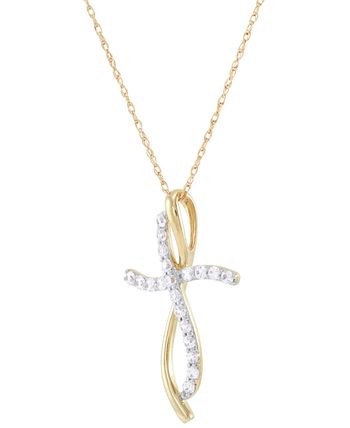 Macy's - Diamond Curved Cross Pendant Necklace (1/4 ct. t.w.) in 10k Gold, 16" + 2" extender