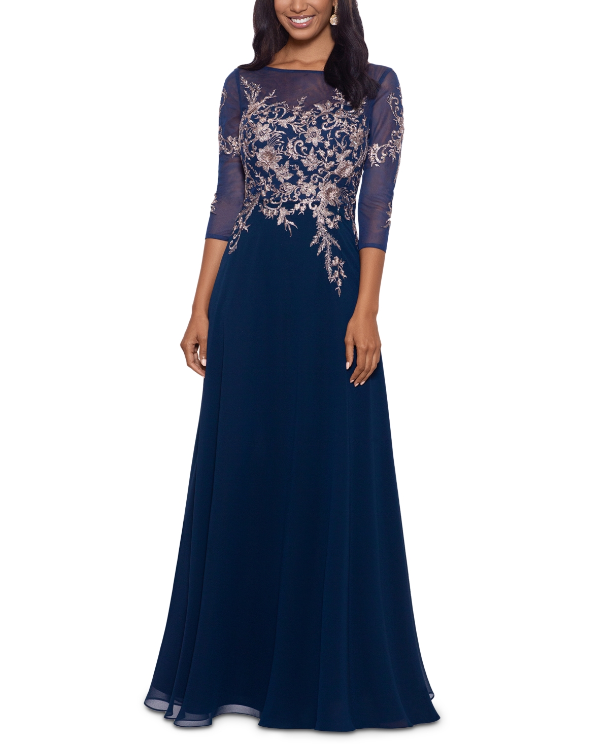 Betsy & Adam Embroidered 3/4-Sleeve Gown - Navy/Rose
