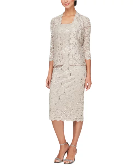 Petite 2-Pc. Lace Jacket & Midi Dress Set - Champagne