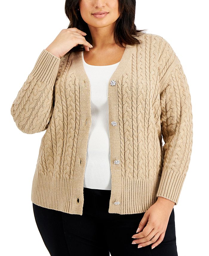 Anne Klein Plus Size Cable Knit Button Front Cardigan Reviews Sweaters Plus Sizes Macy S