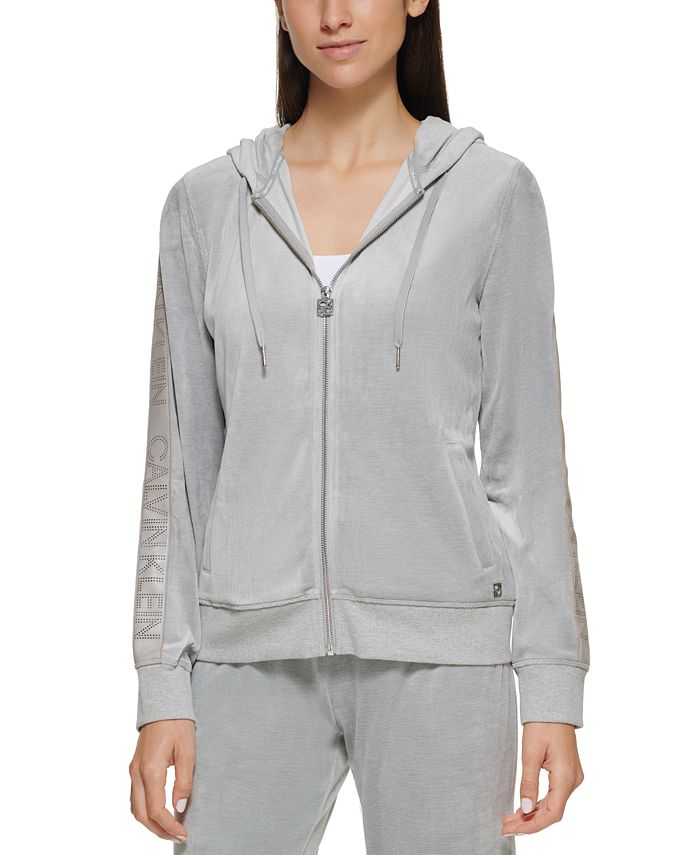 Calvin Klein Velour Hoodie With Faux Leather Logo Detail & Reviews - Tops -  Women - Macy's