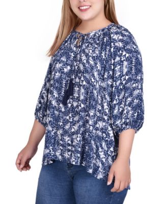 Plus Size 3/4 Sleeve Peasant Top with Tie Neckline