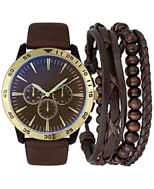 Brown Faux-Leather Strap Watch 48mm & 3-Pc. Bracelet Set, Created for Macy's