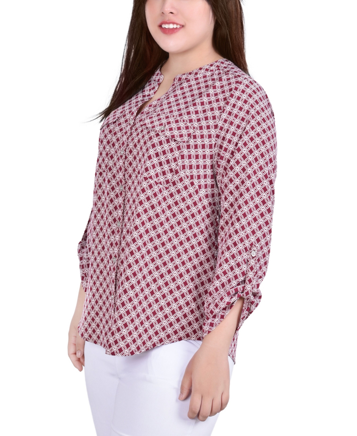 Ny Collection Plus Size 3/4 Sleeve Roll Tab Y Neck Blouse - White New Iconic