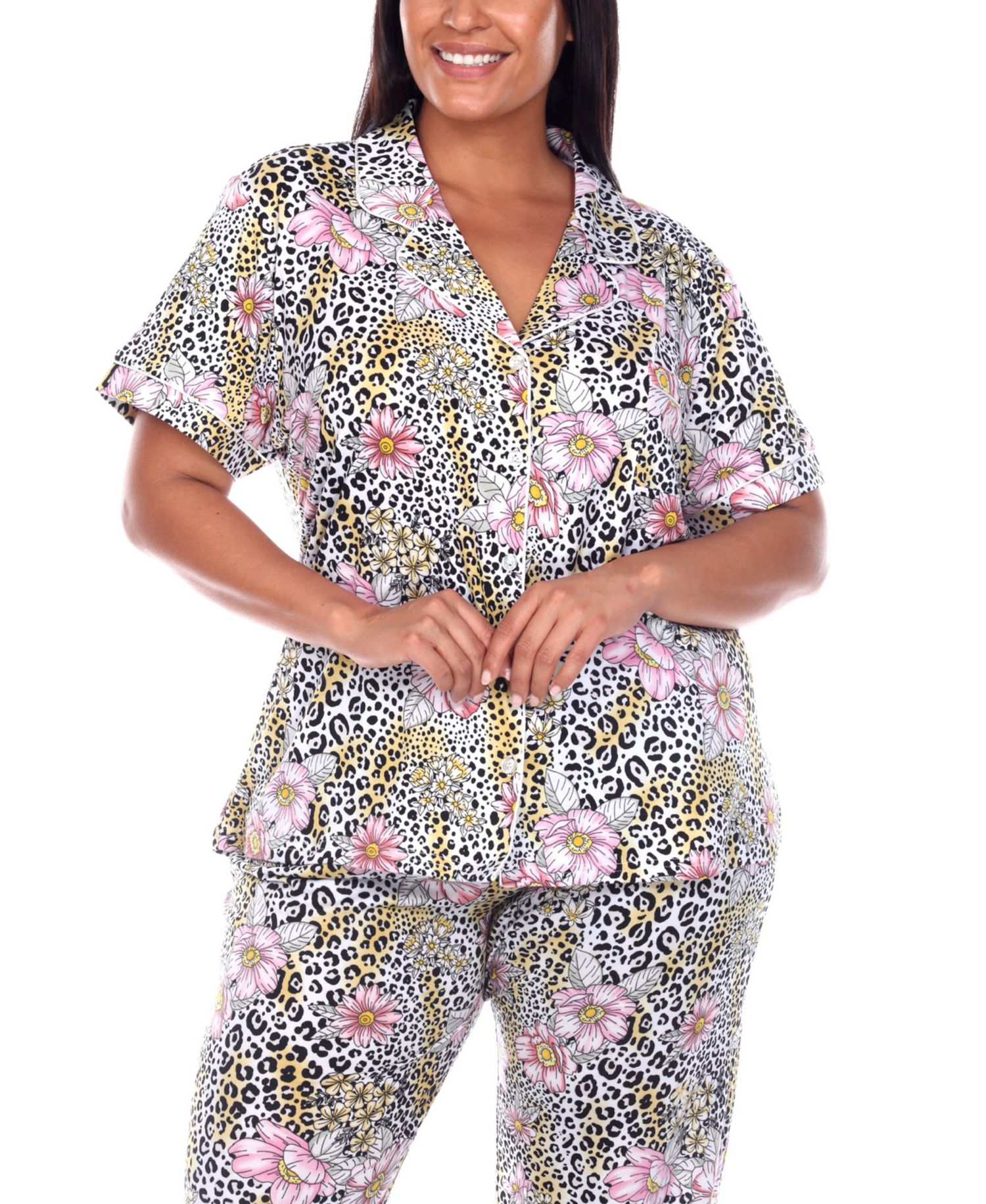 Plus Size Short Sleeve Pants Tropical Pajama Set, 2-Piece