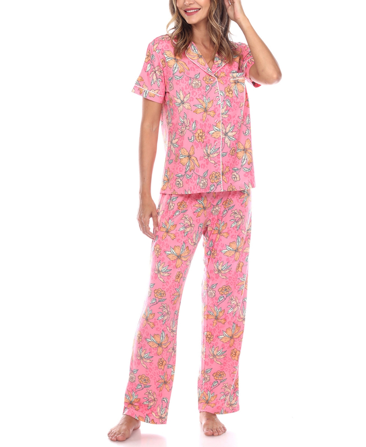 Shop White Mark Women's Short Sleeve Pants Tropical Pajama Set, 2-piece In Pink,orange