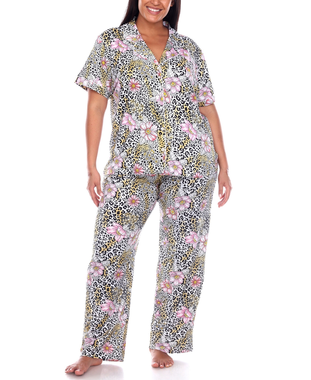 Plus Size Short Sleeve Pants Tropical Pajama Set, 2-Piece - White, Pink