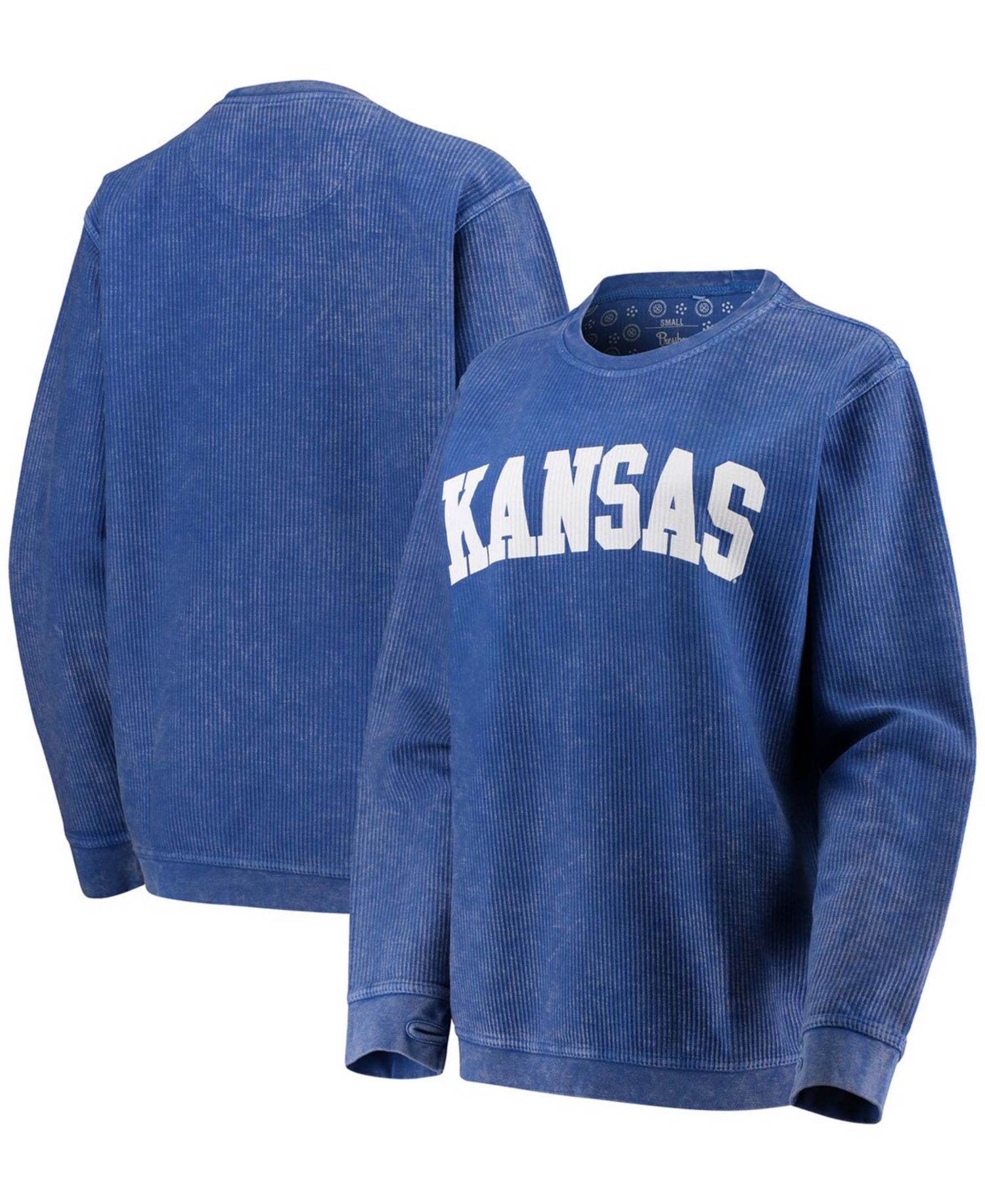 Women's Royal Kansas Jayhawks Comfy Cord Vintage-Like Wash Basic Arch Pullover Sweatshirt