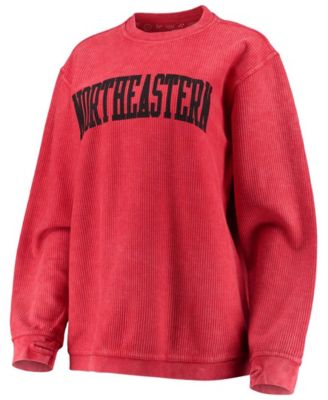 Women's Red Northeastern Huskies Comfy Cord Vintage-Like Wash Basic Arch Pullover Sweatshirt