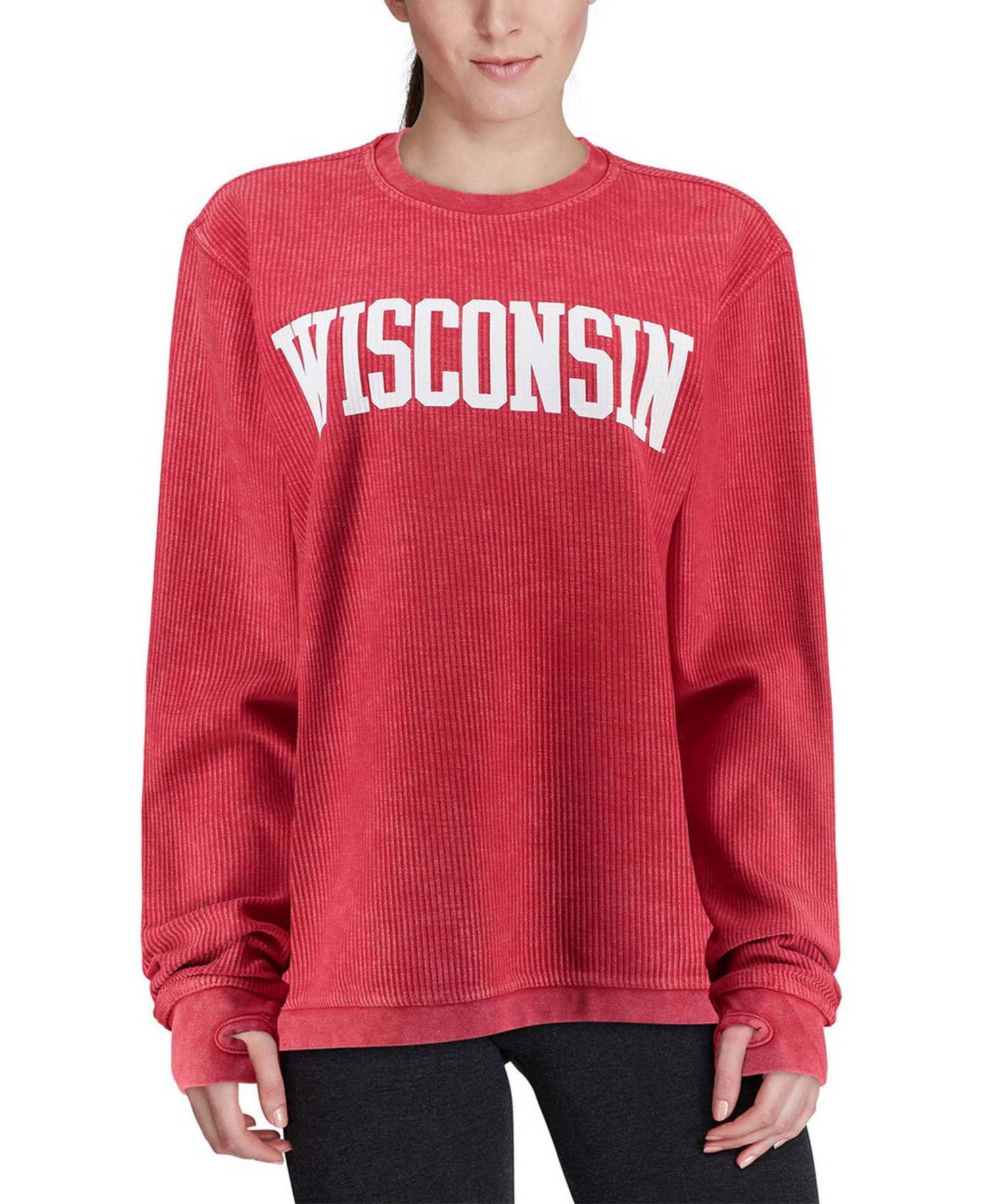 Women's Red Wisconsin Badgers Comfy Cord Vintage-Like Wash Basic Arch Pullover Sweatshirt