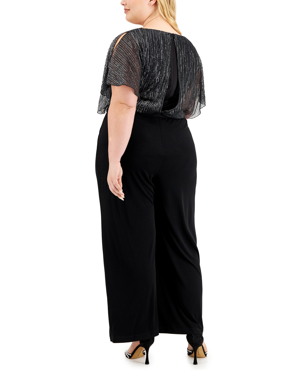 Connected Plus Size Shimmer-Bodice Jumpsuit -Silver