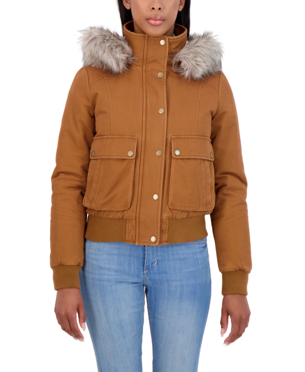 Juniors' Juniors' Cotton Faux Fur Trimmed Bomber Jacket - Stone