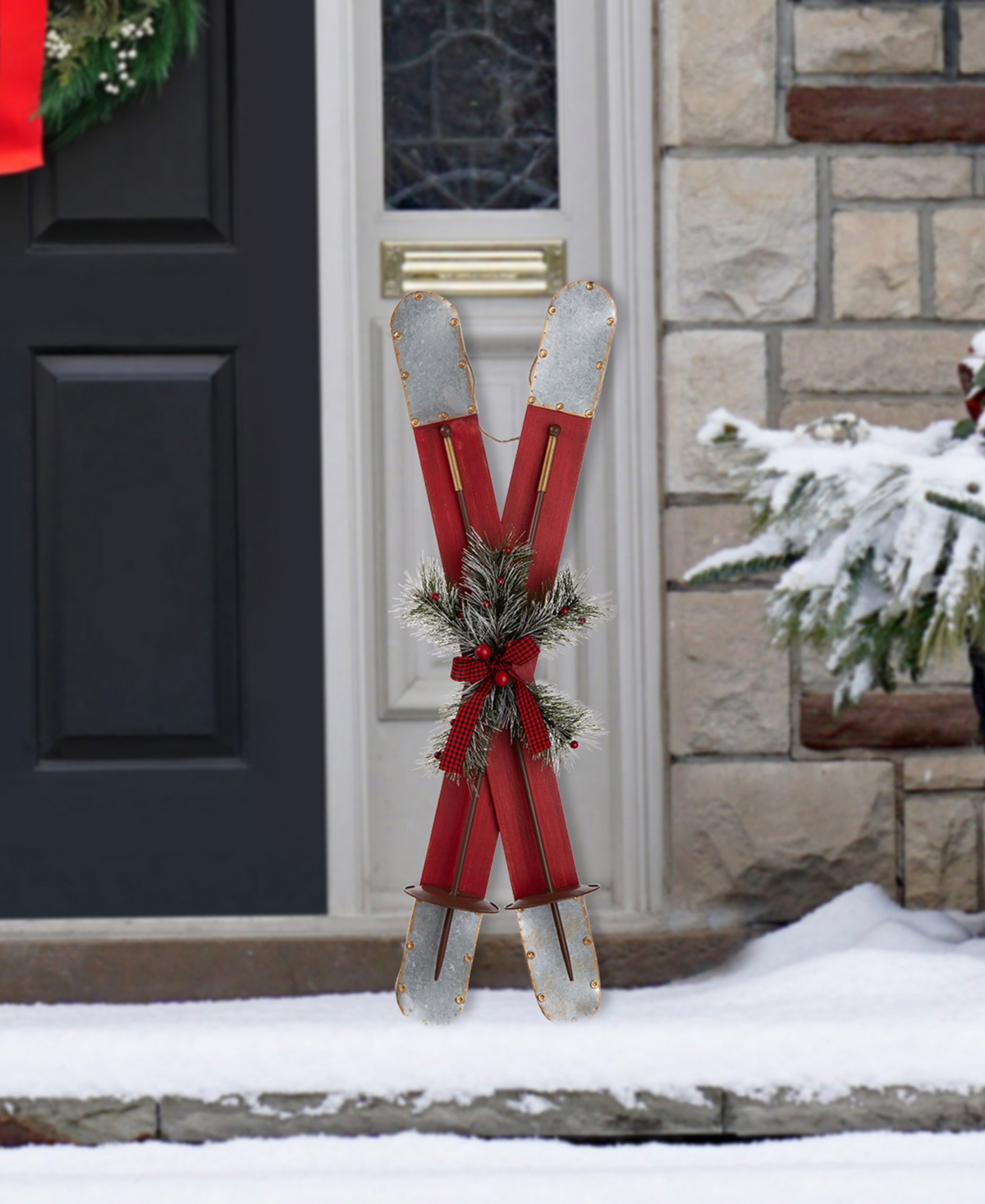 Glitzhome Wooden, Galvanized Ski Porch Decor, 35''H