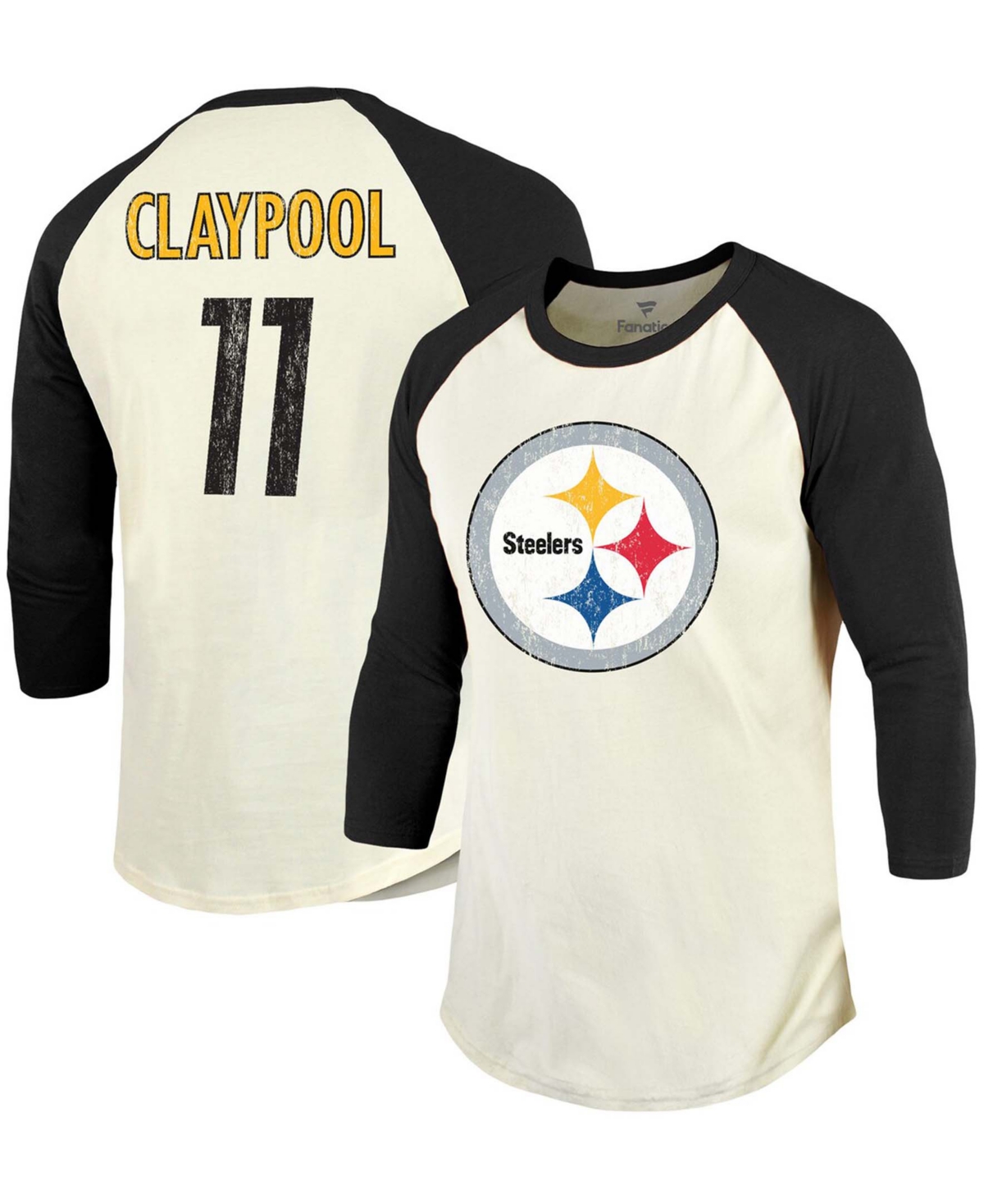Fanatics Men's Chase Claypool Cream, Black Pittsburgh Steelers Player Raglan Name Number 3/4 Sleeve T-shirt In Cream,black