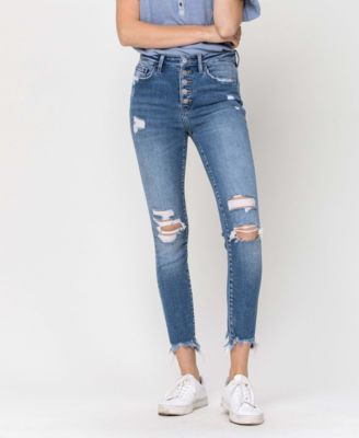 Rise Exposed Button Ankle Skinny Jeans 