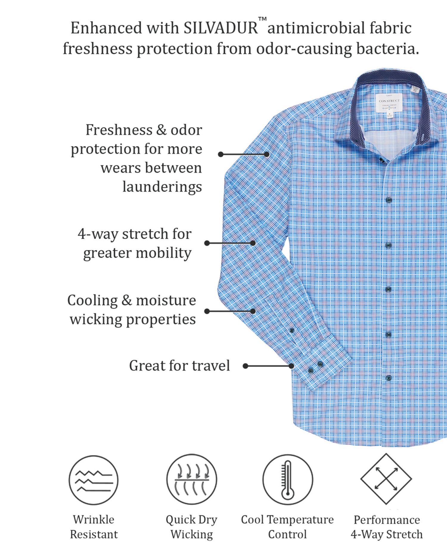 Men's Slim Fit Solid Performance Stretch Cooling Comfort Dress Shirt