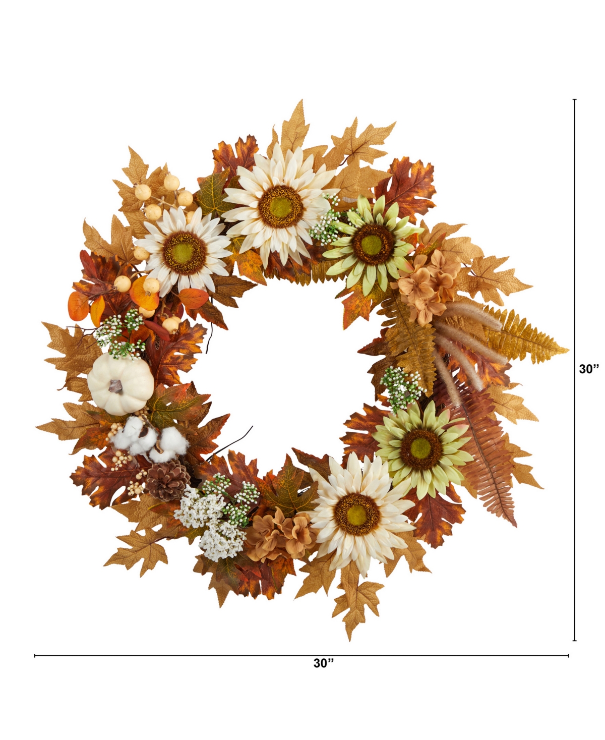 Nearly Natural 30" Autumn Sunflower, White Pumpkin And Berries Artificial Fall Wreath In Orange