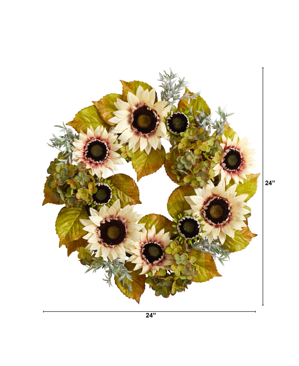 Nearly Natural 24" White Sunflower And Hydrangea Artificial Autumn Wreath In Green