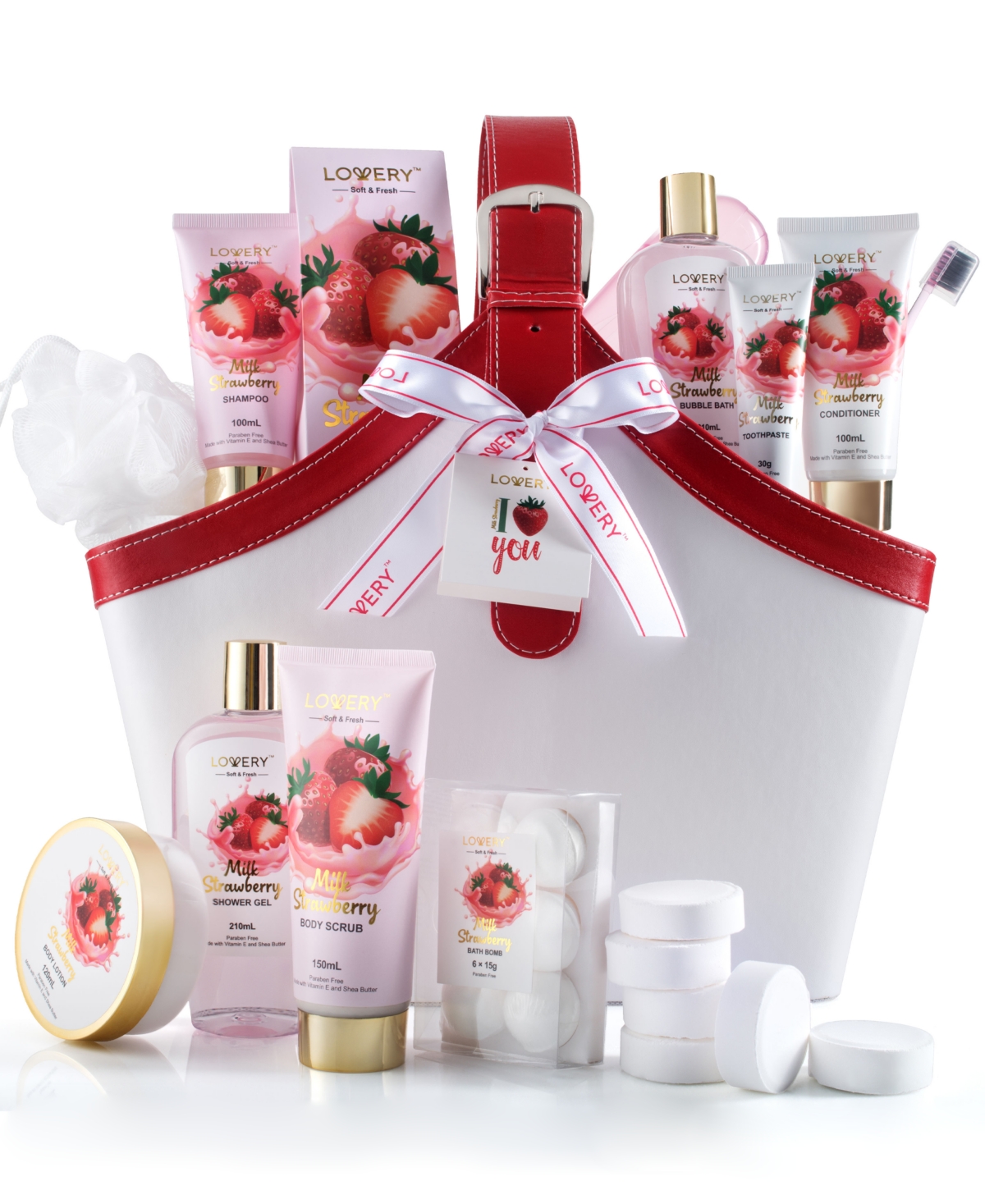 Body Care Gift Set, Strawberry Milk Home Spa with Tote Bag Gift, 25 Piece