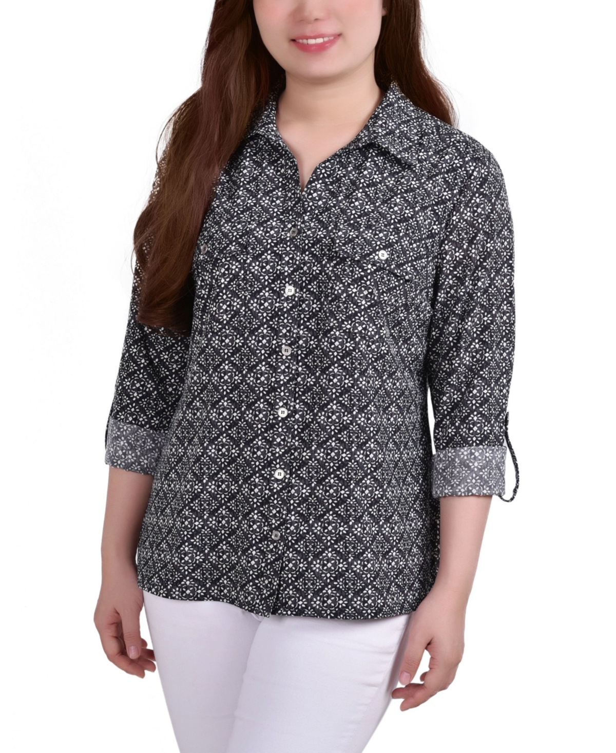 Ny Collection Women's 3/4 Roll Tab Shirt With Pockets In Black White Geo